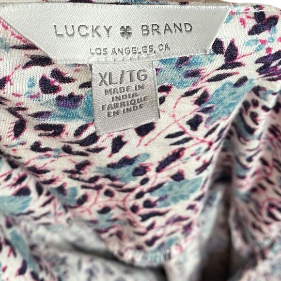 Lucky Brand Top Womens XL Short Sleeve Boho Peasant Floral Smocked Blue Pink - Picture 3 of 9